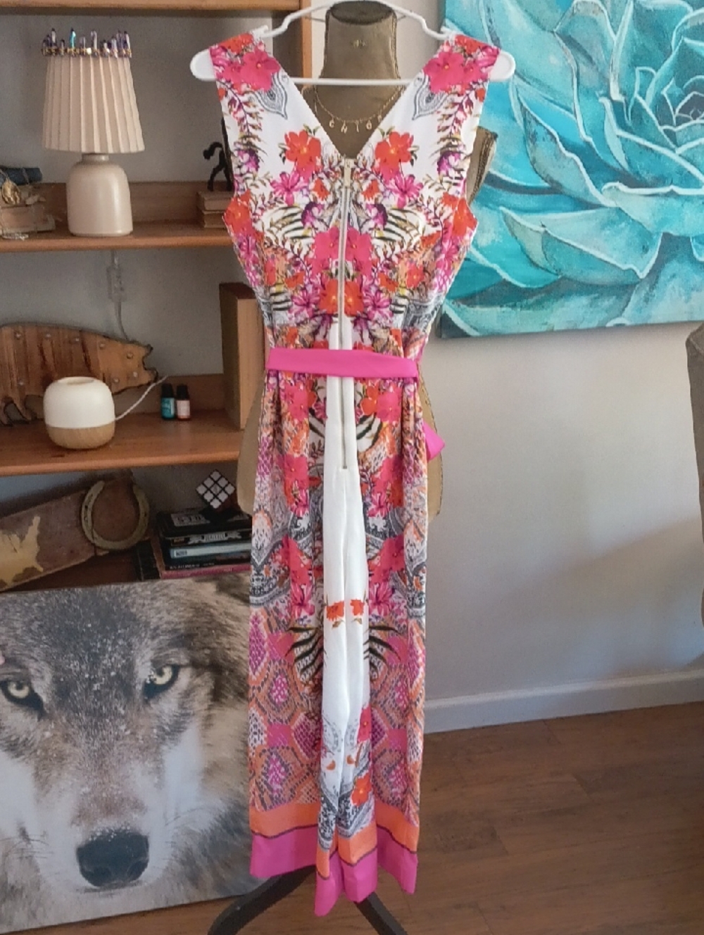 Sleeveless Floral V-Neck Jumpsuit with Tie Waist - Pink & Orange - Picture 7 of 7